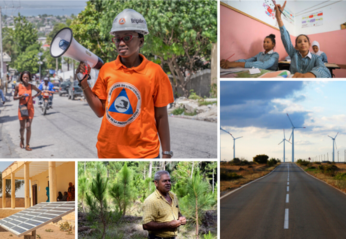 Collage of climate images including wind turbines, solar panels, forests, school children and disaster risk management volunteer