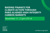 Green background  with white text Raising Finance for Climate Action Through Paris Aligned High-Integrity Carbon Markets