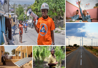 Collage of climate images including wind turbines, solar panels, forests, school children and disaster risk management volunteer