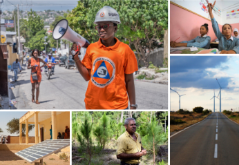 Collage of climate images including wind turbines, solar panels, forests, school children and disaster risk management volunteer