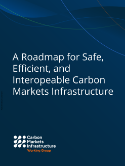 A blue background with white texts A Roadmap for Safe, Efficient, and Interoperable Carbon Markets Infrastructure