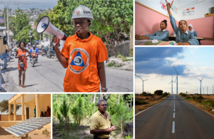 Collage of climate images including wind turbines, solar panels, forests, school children and disaster risk management volunteer