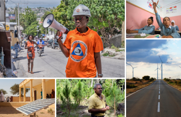 Climate year in review Collage of climate images including wind turbines, solar panels, forests, school children and disaster risk management volunteer