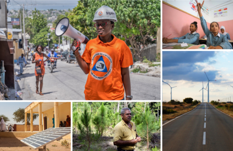 Collage of climate images including wind turbines, solar panels, forests, school children and disaster risk management volunteer