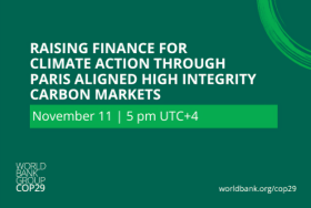 Green background  with white text Raising Finance for Climate Action Through Paris Aligned High-Integrity Carbon Markets